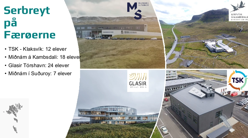 Fyra byggnader på fyra separata bilder. Texten: Serbreyt på Färöarna: TSK - Klaksvik: 12 elever, Miðnám á Kambsdali: 18 elever, Glasir Tórshavn: 24 elever och Miðnám í Suðuroy: 7 elever.