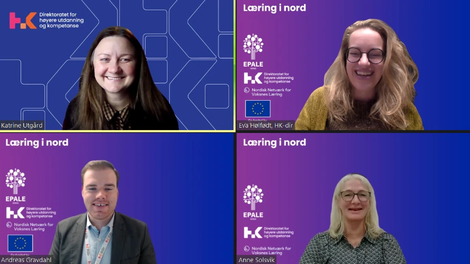 Den årlige Læring i Nord-konferansen ble i år arrangert av Nordisk nettverk for voksnes læring, EPALE Norge, Direktoratet for høyere utdanning og kompetanse og European Year of Skills. Ansiktene bak gjennomføringen av et faglig solid arrangement er øverst, fra venstre: Katrine Utgård og Eva Høifødt. Nederst fra venstre: Andreas Gravdahl og Anne Solsvik