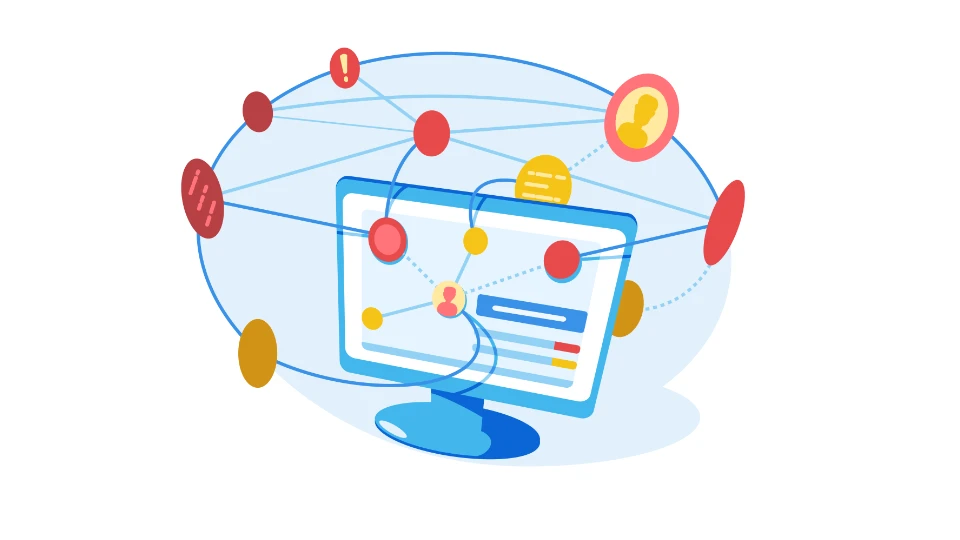 Flat design illustration of a computer monitor displaying a web page, surrounded by a network of connected nodes and icons representing user interactions and digital connectivity across a global network.