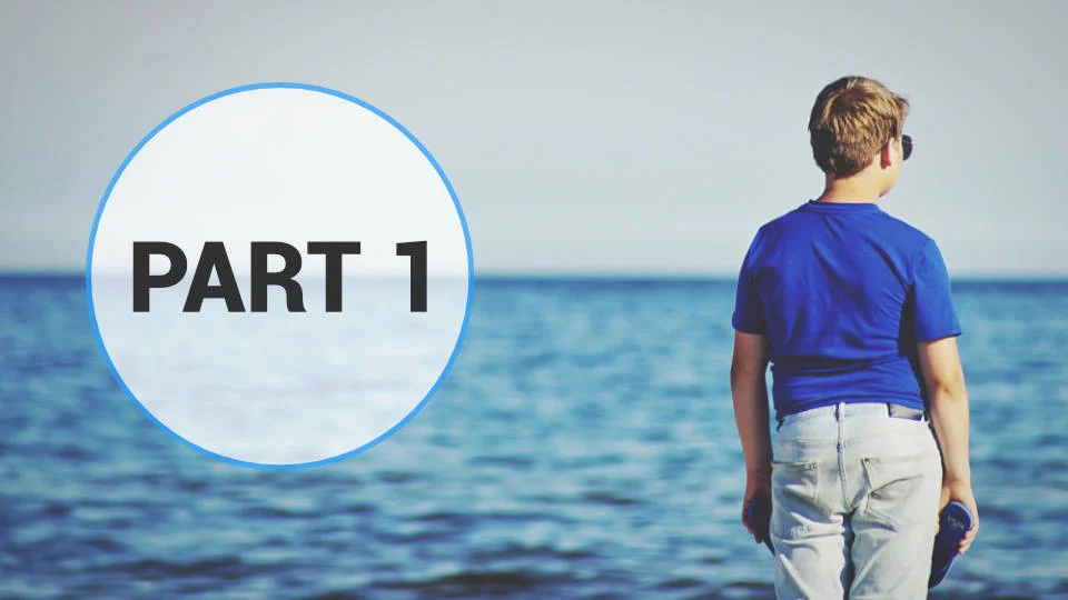 Young boy in a blue shirt standing by the sea, looking into the distance with 'PART 1' text overlaid in a circle.