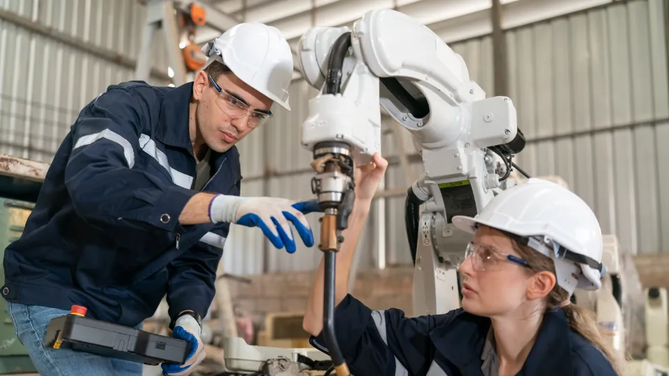 Två arbetare i skyddshjälmar arbetar tillsammans med en industrirobot i en fabrik.