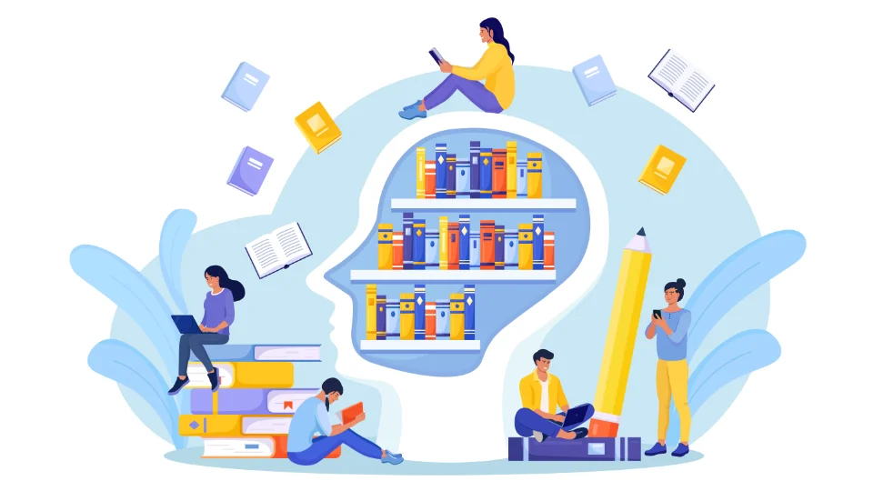 Färgglad illustration av mångsidiga unga vuxna som sysslar med olika läs- och studieaktiviteter, omgivna av överdimensionerade böcker och digitala enheter i en fantasifull biblioteksmiljö