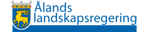 Logotyp för Ålands landskapsregering med en gul hjort på en blå bakgrund och text