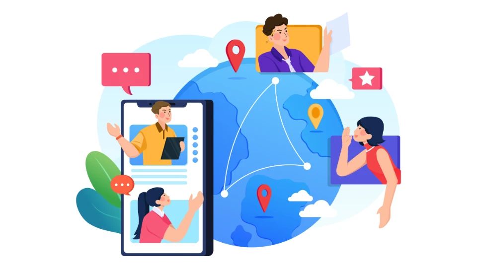 Illustration of people communicating globally through digital devices, connected across various locations around the world.