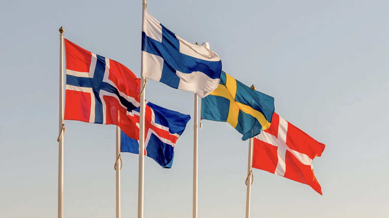 Fem flag, der repræsenterer de nordiske lande, svajer i vinden på en lys himmelbaggrund. De viser flagene fra Norge, Finland, Island, Sverige og Danmark, som symboliserer nordisk fællesskab.
