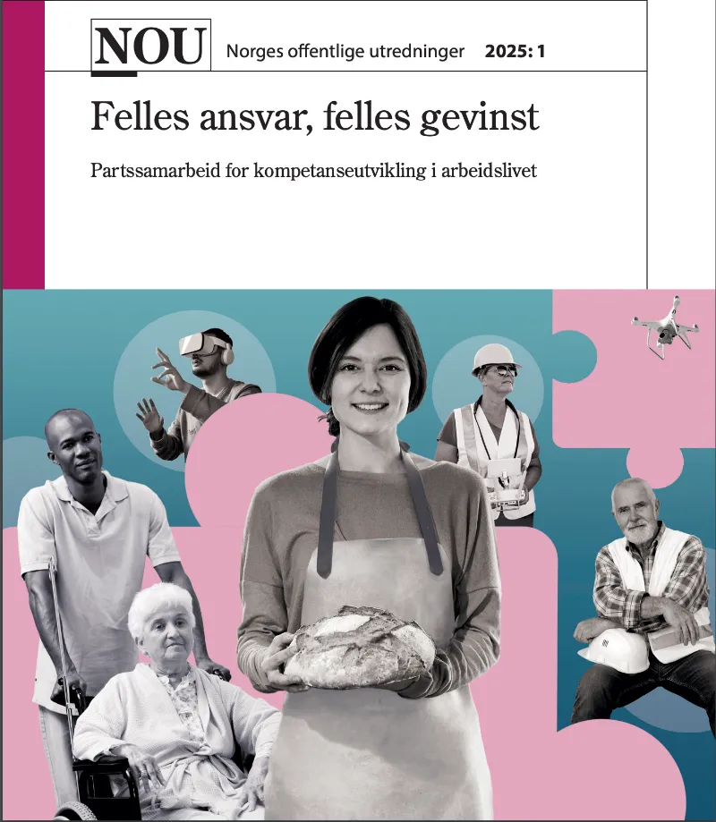 Forside af rapporten "Felles ansvar, felles gevinst" fra Norges offentlige utredninger 2025:1, med billeder af mennesker i forskellige erhverv og livssituationer.
