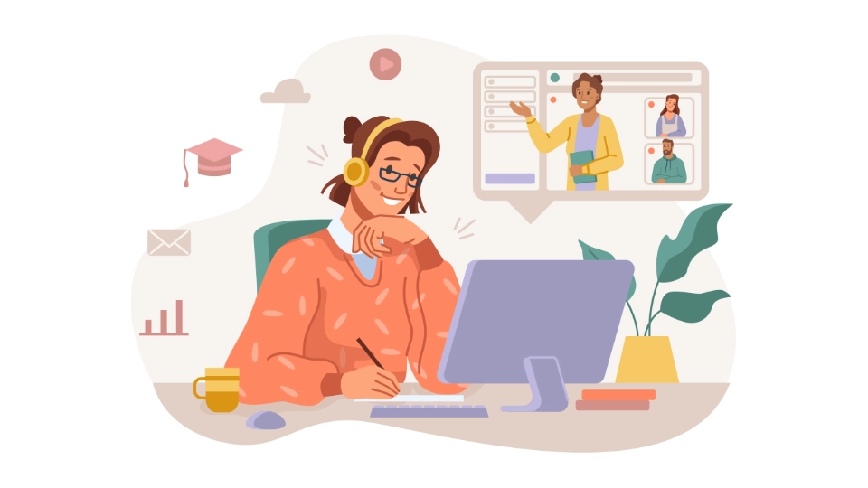 Illustration av en kvinna med hörlurar som studerar vid en dator och deltar i en onlineföreläsning med en lärare och andra studenter på skärmen.