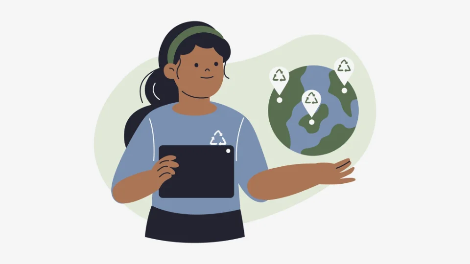 Illustration af kvinde med tablet, der viser genbrugssymboler rundt om en globus, symboliserer bæredygtighed og miljøbevidsthed.