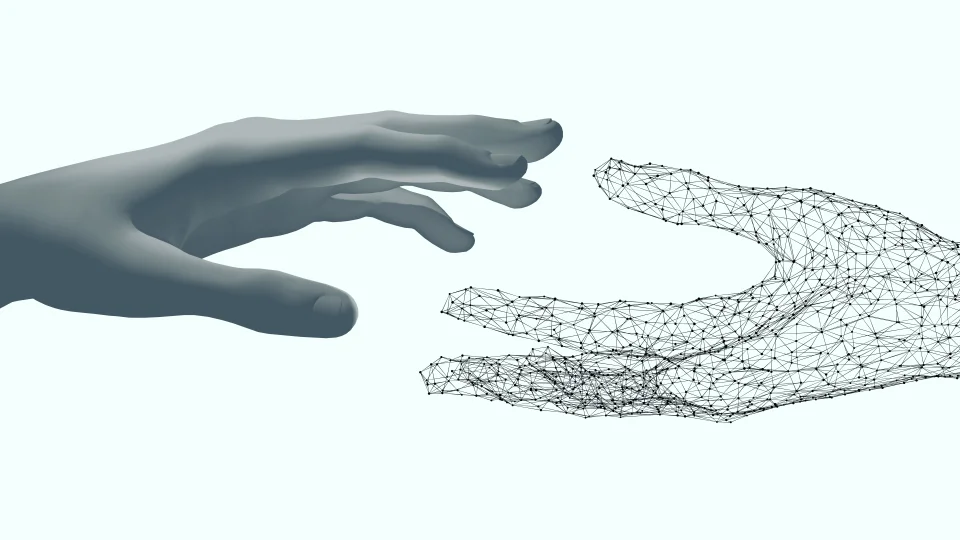 3D-gjengitt menneskehånd rekker ut mot en digital hånd laget av nettverkslinjer, symboliserer forbindelsen mellom teknologi og menneske.