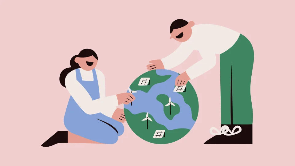 Illustration af to personer der placerer vindmøller og solpaneler på en jordklode, symboliserer bæredygtig energi og miljøbevidsthed.