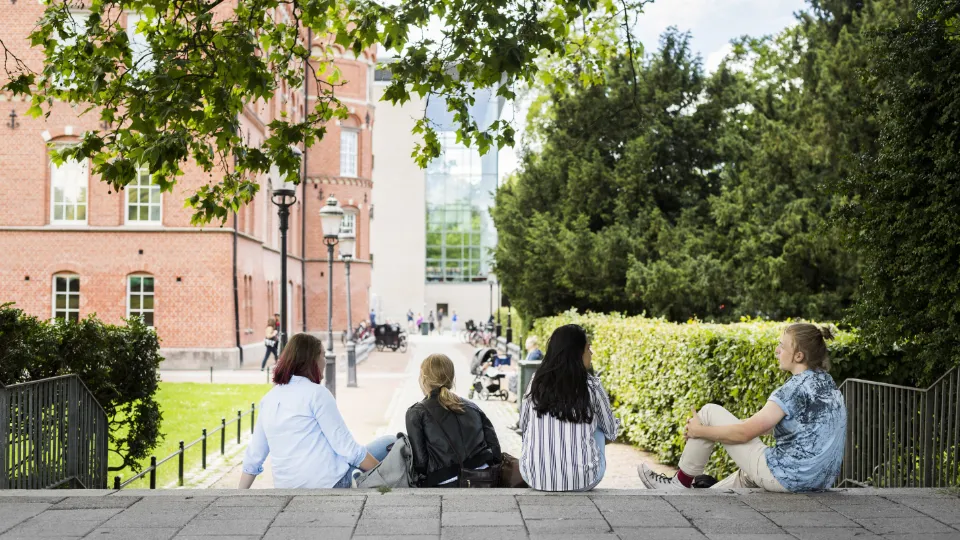 Fire unge personer sidder udendørs i grønne omgivelser nær en historisk bygning med røde mursten, afslappet stemning på campus.