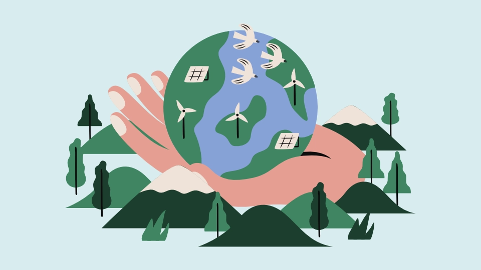 Illustration af en hånd, der holder jorden med vindmøller, solpaneler og flyvende fugle, omgivet af bjerge og træer, symboliserer bæredygtighed og grøn energi.