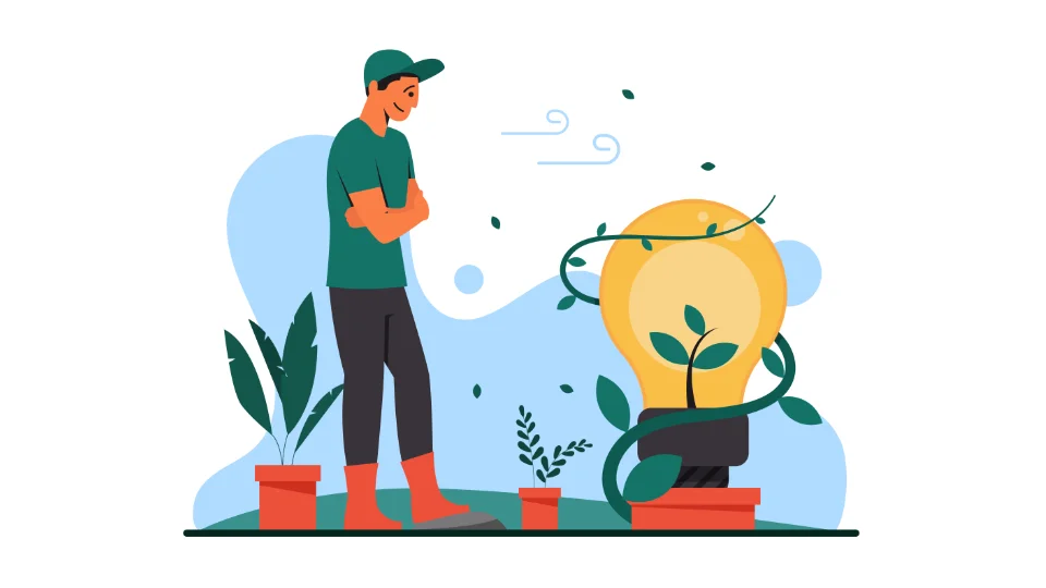 Illustration af mand der betragter en stor lyspære omviklet af planter, symboliserer bæredygtige idéer og grøn innovation.