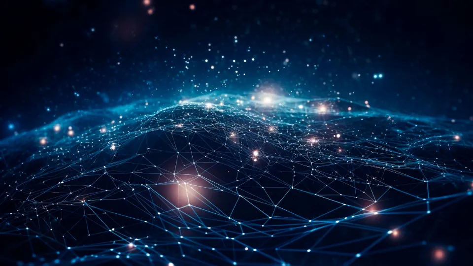 Abstract digital landscape with glowing network connections and particles, representing data flow and futuristic technology.