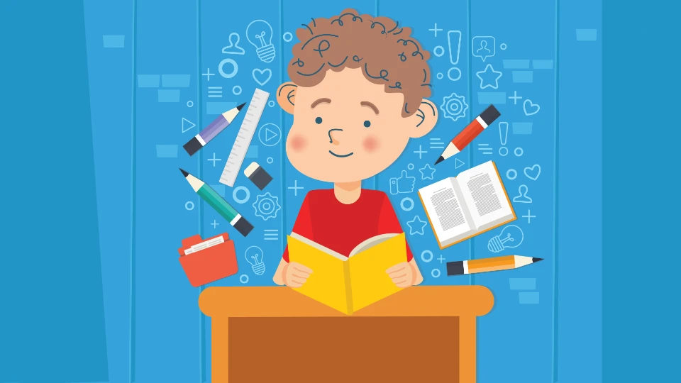 Tecknad pojke som sitter vid ett skrivbord och läser en bok, omgiven av skolmaterial som pennor, linjal, anteckningsbok och ikoner för lärande.