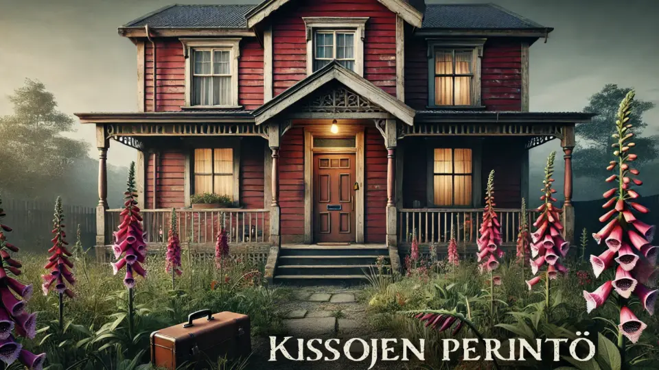 Ett gammalt rött trähus med veranda, omgiven av fingerborgsblommor och en resväska på en stig, med texten "Kissojen Perintö" i förgrunden.
