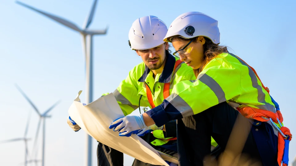 To ingeniører i sikkerhedsudstyr gennemgår tegninger ved en vindmøllepark.