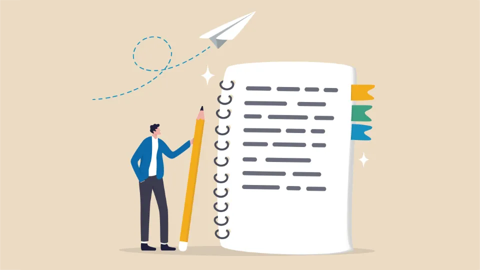 Delingen av studieforbundene har fungert etter hensikten Illustrasjon av en person med stor blyant ved siden av en spiralbundet notatbok med fargede faner og en papirfly i luften.