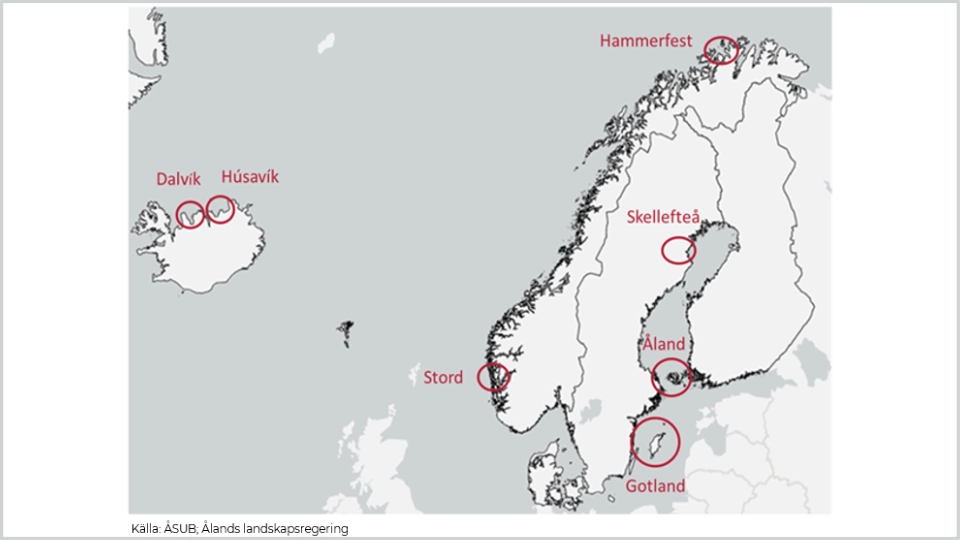Hållbara nordiska arbetsmarknader Karta över Norden som visar utvalda orter: Dalvik och Húsavík på Island, Hammerfest i Norge, Skellefteå i Sverige, Åland, Gotland, samt Stord i Norge.