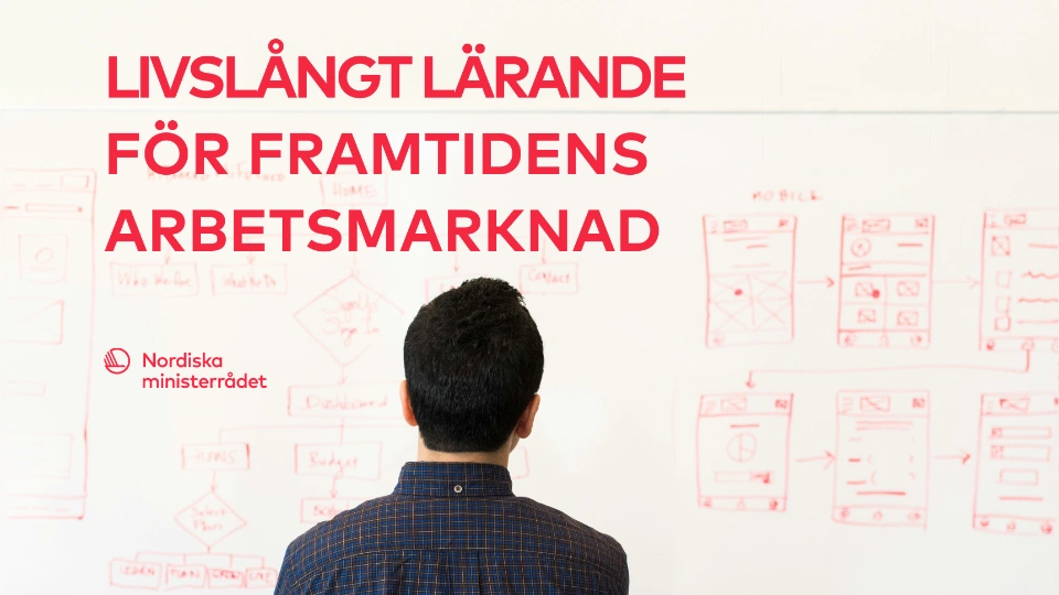 Livslångt lärande för framtidens arbetsmarknad Man som står framför en whiteboard med skisser och texten "Livslångt lärande för framtidens arbetsmarknad" från Nordiska ministerrådet.