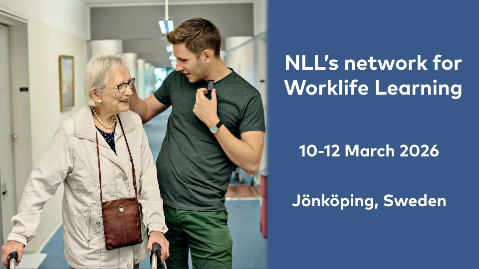 Young male caregiver smiling and walking with elderly woman using a walker in a hallway, promoting the NLL’s Worklife Learning event in Jönköping, Sweden, March 10–12, 2026.