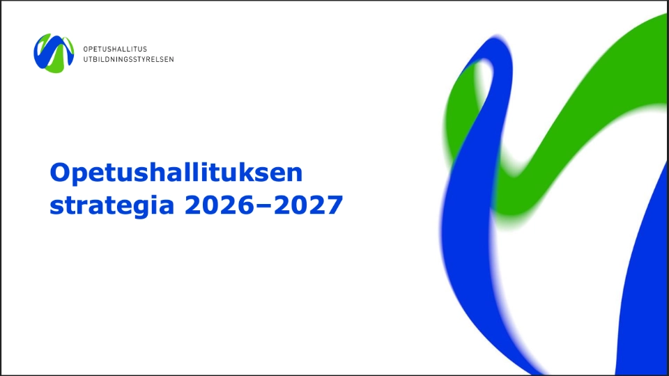 Forside til dokumentet “Opetushallituksen strategia 2026–2027” med Opetushallitus/Utdanningsstyrelsen-logo og blå-grøn grafisk form på hvid baggrund.