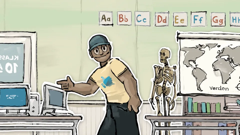 Validere utdanning kurset Illustration af en person i et klasseværelse ved computere, med alfabetkort på væggen, et skelet og et verdenskort i baggrunden.