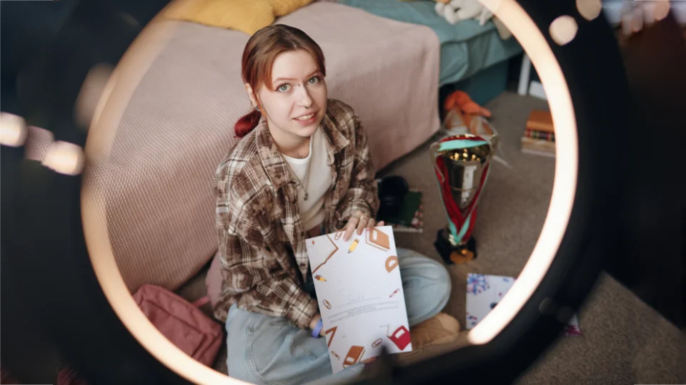 Ung kvinna sitter på golvet med en bok i händerna, omgiven av skolmaterial och en pokal, fotograferad genom en ringlampa.