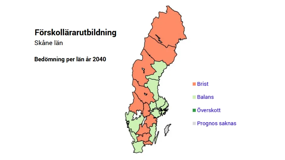 Karta över Sverige där ett 10-tal län är bedömda som att de är i balans år 2040 för förskollärarutbildade, däribland Skåne och flera län längs kusterna. Inget län har överskott på personer med den utbildningen.