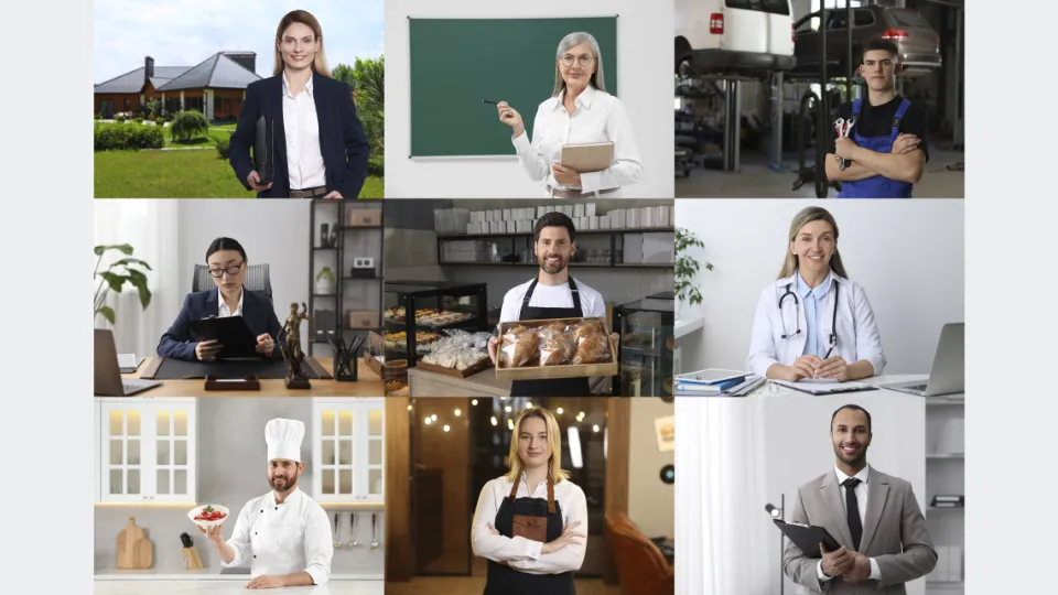 Kollasj av ni yrkespersoner, blant annet lærer, mekaniker, lege, kokk, baker og kontoransatte, i ulike arbeidsmiljøer.