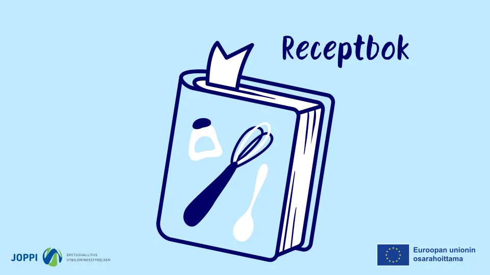 Reseptikirja Illustration av en receptbok med visp och sked på omslaget mot ljusblå bakgrund.
