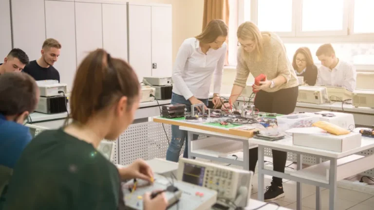 Studenter arbetar med elektronik och mätutrustning i en ljus undervisningssal.