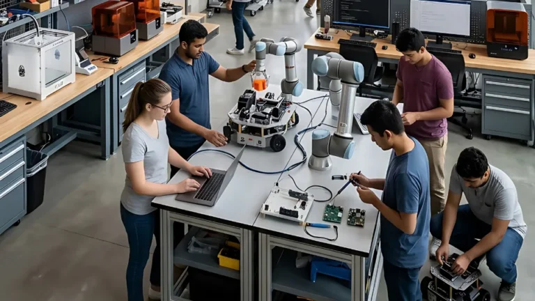 Studenter arbeider sammen med roboter, elektronikk og datamaskiner i et moderne teknologilaboratorium.