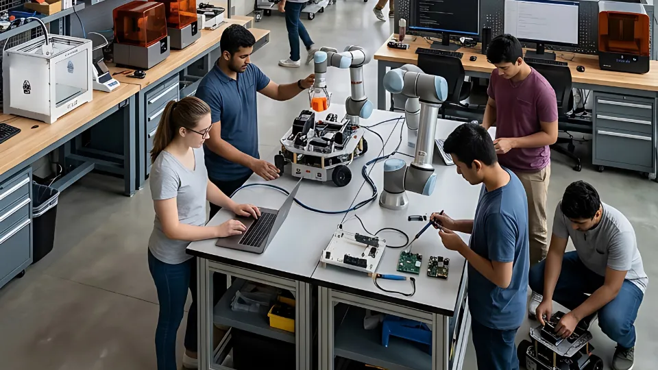 Studenter arbeider sammen med roboter, elektronikk og datamaskiner i et moderne teknologilaboratorium.