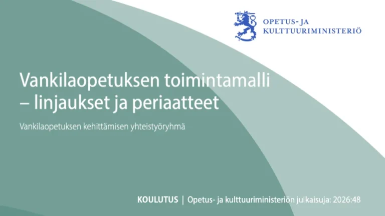 Cover of a Finnish Ministry of Education and Culture publication titled “Prison Education Operating Model – Guidelines and Principles” (2026:48). The design features overlapping curved shapes in muted green tones, white text, and the ministry’s blue logo in the upper-right corner.